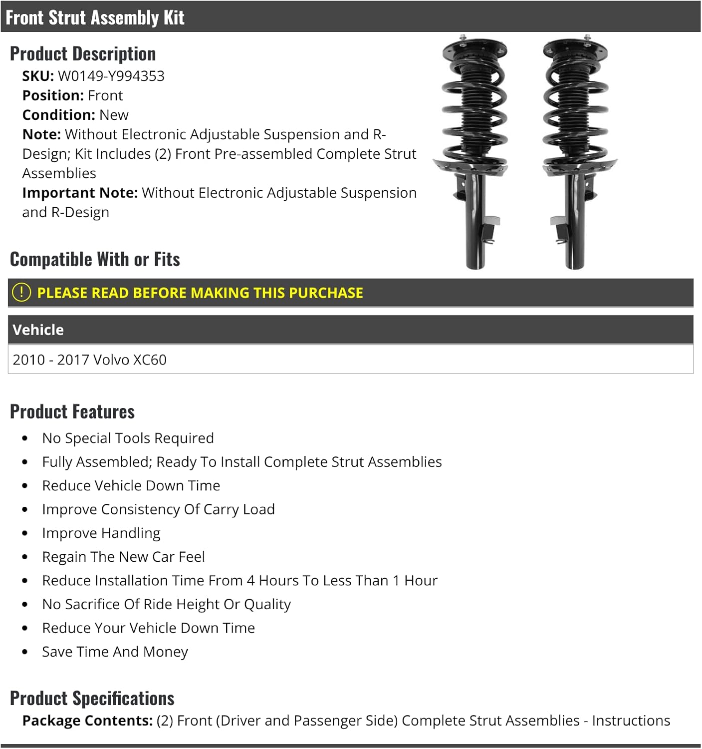 Front Strut Coil Spring Assembly Set - Compatible with 2010-2017 Volvo XC60 (without Electronic Adjustable Suspension and R-Design)