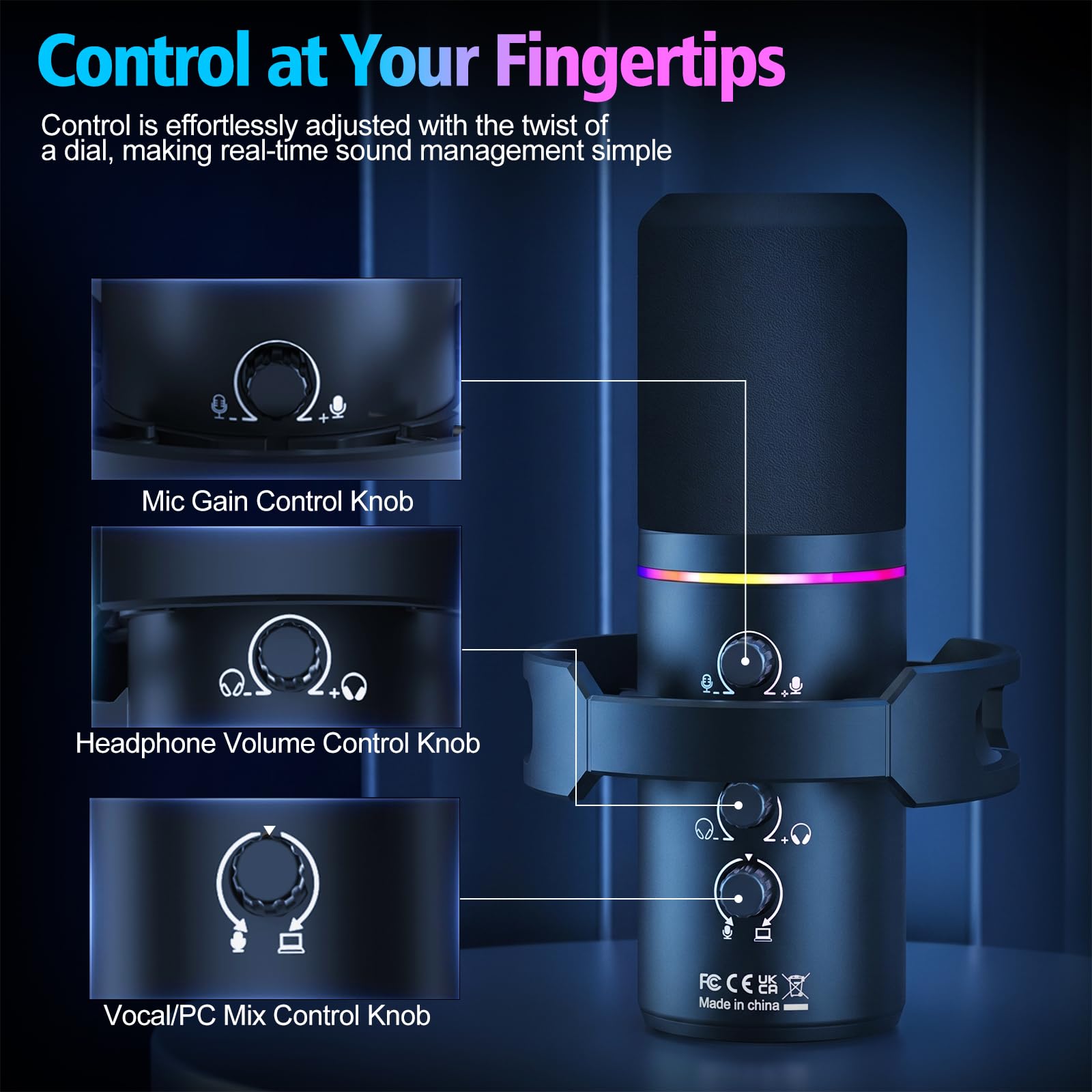 XLR/USB mikrofon gamingowy z ramieniem, dynamiczny mikrofon z wyciszeniem One-Touch, regulacja wzmocnienia i gniazdo słuchawkowe, mikrofon RGB do podcastów do streamingu, nagrywania i śpiewu