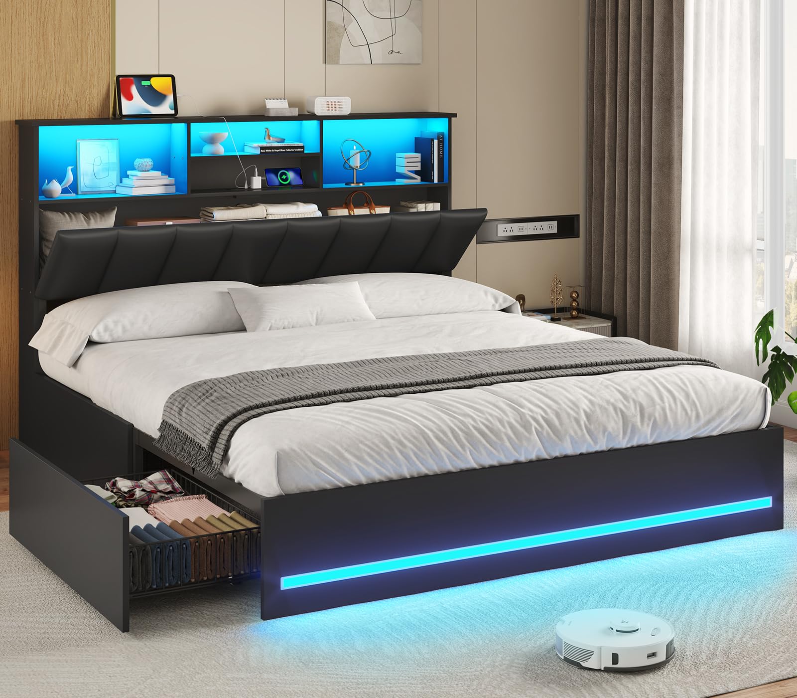 VIAGDO Full Size Bed Frame with Bookcase Headboard, Wooden Bed Frame Full Size with Charging Station, 4 Storage Drawers and LED Lights, with Type-C