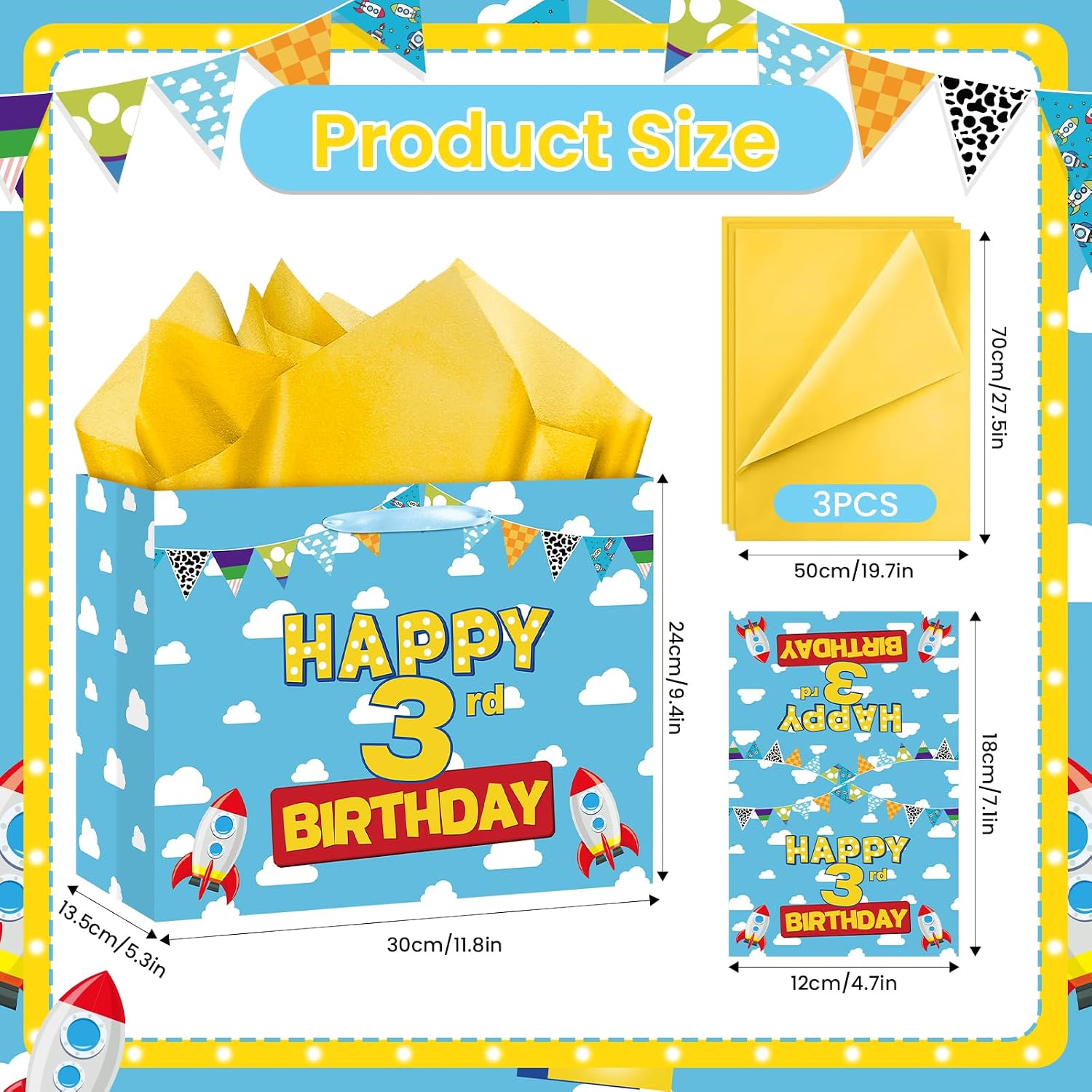 TagreSpike Cartoon Story 3rd Birthday Gift Bag with Tissue Papers and Card, Blue Sky White Clouds 3rd Birthday Gift Wrapping Paper Bag for Kids Story Theme 3 Years Old Party Favors Decorations