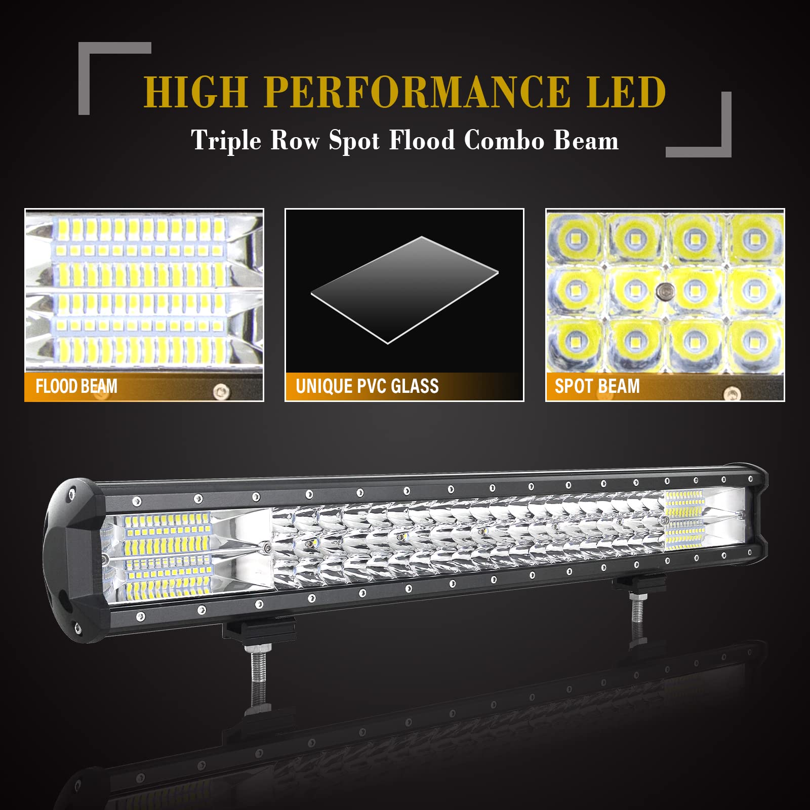 RIGIDON 23" 59cm 324W Impermeable Barra Led con 12V Arnés de Cableado, Soporte de Matrícula Coche Aluminio Número Placa, Triple Fila Barras de luz Led para 4x4 Off Road Camión Coche SUV