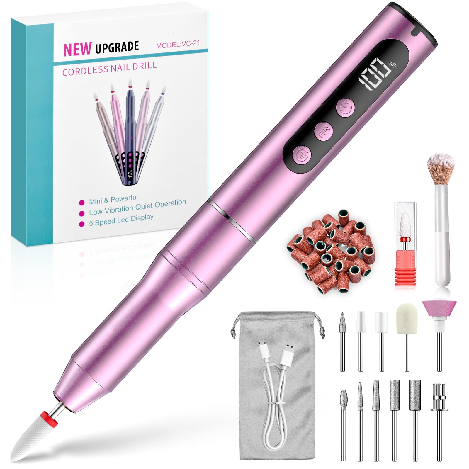 Torno para Uñas,35000RPM Torno para Uñas Profesional,Lima Eléctricas Uñas sin Cable, Velocidad Ajustable, Recargable por USB, para Salón DIY,Manicura y Pedicura