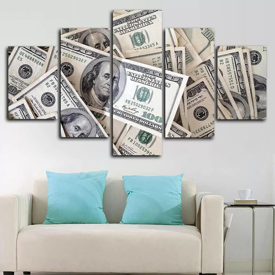 Tableau imprimé sur toile liasse de billets de banque pour déco maison 5 pièces 100x55cm