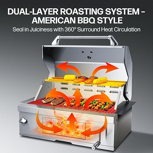 Miniatura 4 de Parrilla de barbacoa de carbón grande integrada, parrillas de carbón con bandeja elevable, capucha aislada y medidor de temperatura, parrilla de
