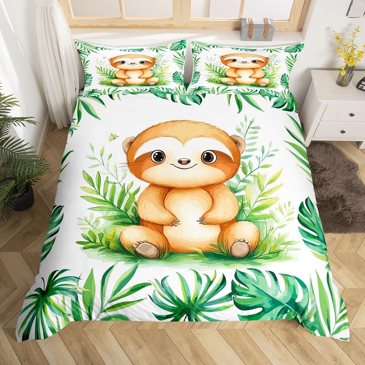 Manfei Kawaii Sloth Duvet Cover Toddler Size,Watercolor Safari Animals Plants Soft Bedding Set,Tropical Leaves Plants Comforter Cover 2PCS,Cartoon Animals Quilt Cover,1 Pillowcase(Not Comforter)