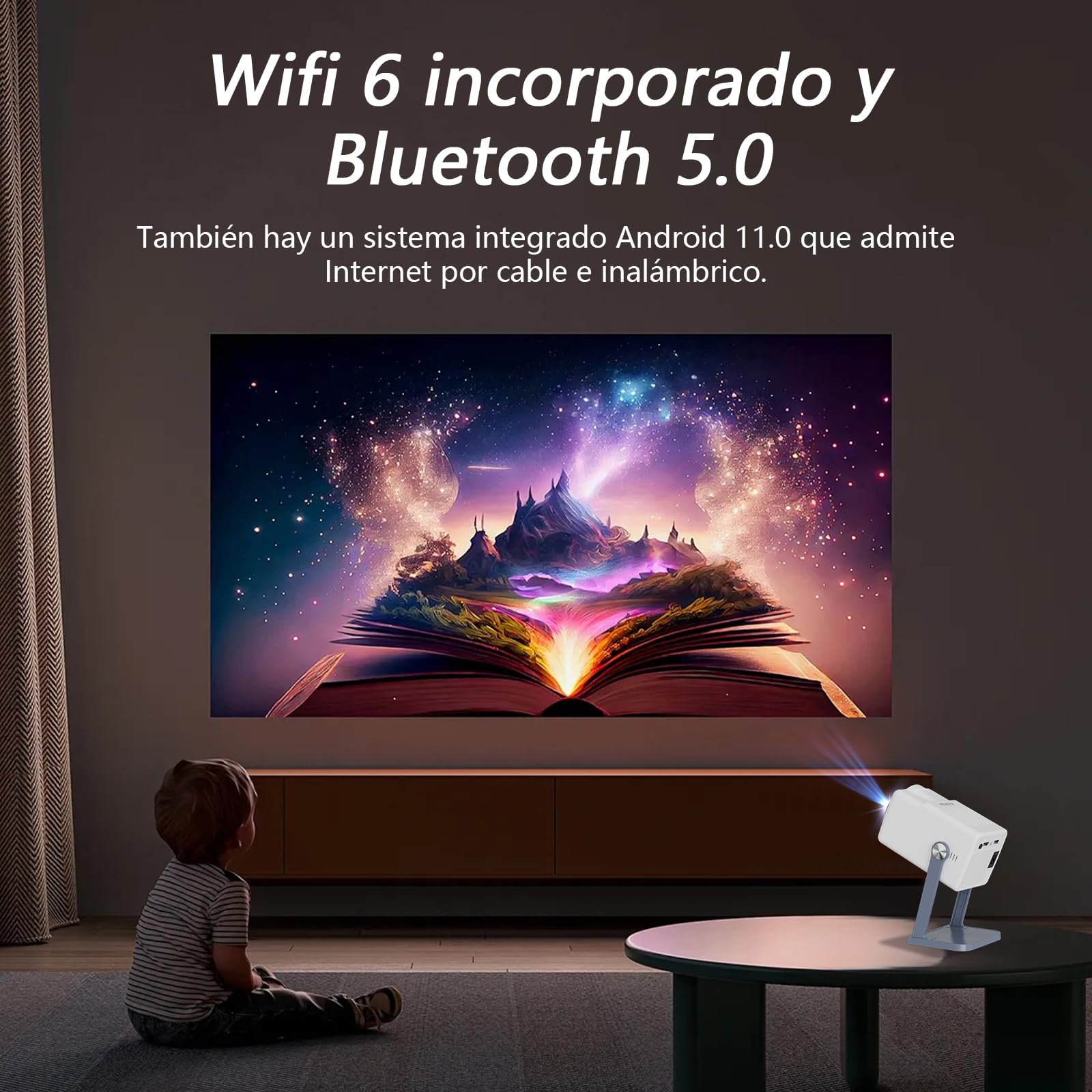 Mini Proyector Portátil con Android 11, Proyector 4K Soporte y 1080P Nativo, WiFi 6 y Bluetooth 5.0, Rotación 360°, Cine en Casa, Exteriores y Fútbol en Vivo (40-150")