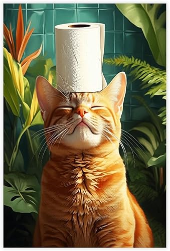 NBLKJHLFD Fun Orange Cat Bathroom, Retro Floral Fun Orange Cat Canvas Poster Wall Art Decor Print Picture Paintings for Living Room Bedroom