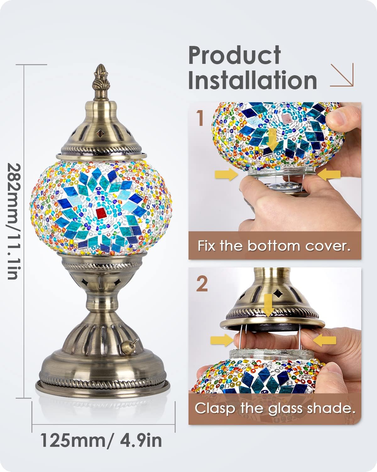 Yarra-Decor Turkish Moroccan Lamp with Bronze Base Handmade Tiffany Mosaic Glass Lamps Portable Bedside Lamps with Rechargeable Battery 2000mAh (LED Bulb Included) (Blue1)