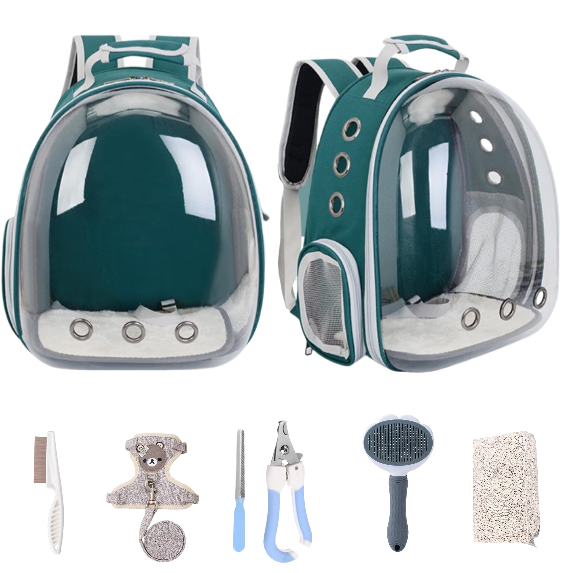 Sac à Dos pour Chat Bulle de YoiQi-Un Sac à Dos pour Animaux de Compagnie en Forme de Cabine Spatiale Transparente-Est Fourni avec 5 Accessoires pour Prendre Soin du Chat (Verte)