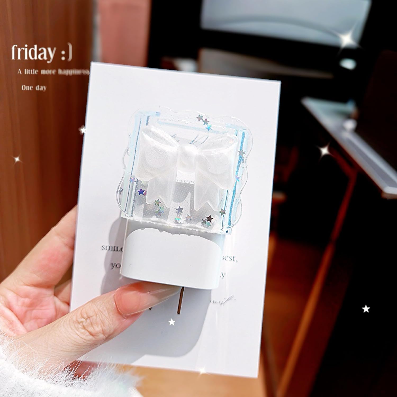 Cute Charger Protector for iPhone USB-C,Elegant 3D Bowknot Glitter Clear Star Pattern Cable Protector,Data Cable Bow Charger Cover,Phone Accessories Charging Cord Protector for iPhone 18W/20W-White