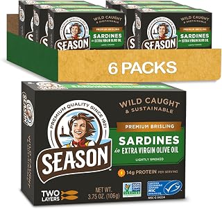 Season Brisling Sardines in Extra Virgin Olive Oil - Wild Caught, 14g of Protein, Keto Snacks, More Omega 3's Than Tuna, Kosher, High in Calcium, Canned Sardines, Two Layers - 3.37 Oz Tins, 6-Pack
