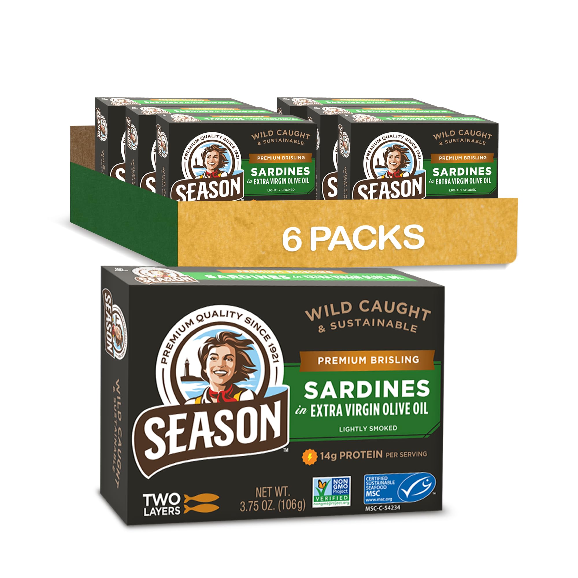 Season Brisling Sardines in Extra Virgin Olive Oil - Wild Caught, 14g of Protein, Keto Snacks, More Omega 3's Than Tuna, Kosher, High in Calcium, Canned Sardines, Two Layers - 3.37 Oz Tins, 6-Pack