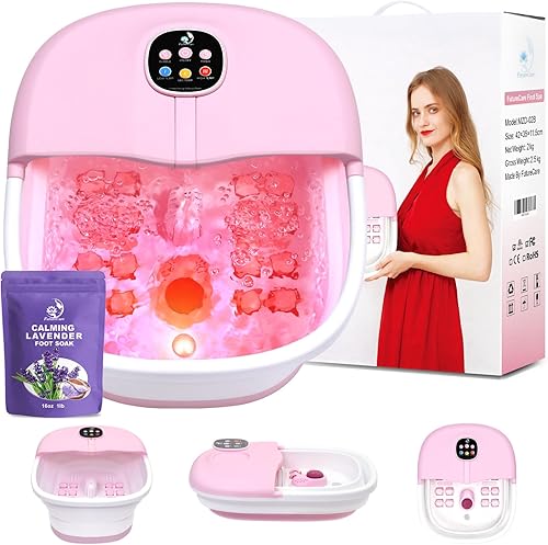 Masajeador de baño de spa para pies con burbujas de calor y masaje por vibración y chorros, 16 onzas de sal de Epsom calmante de lavanda, cubo de