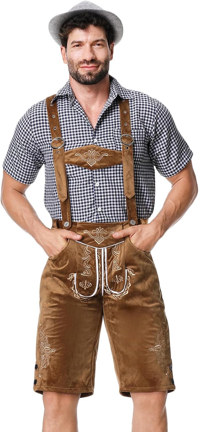 Zeiyignr German Bavarian Costume Set for Men Oktoberfest Halloween Costume Bavarian Oktoberfest Lederhosen Hat and Shirt Sets