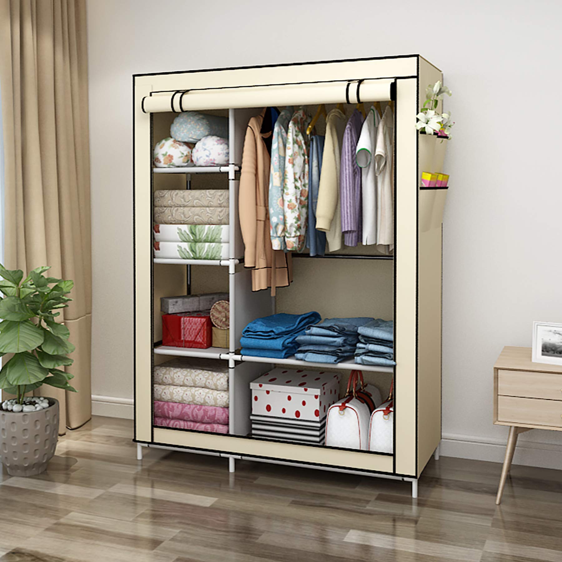 UDEAR Armadio di Tela Portatile Cabina Guardaroba di Vestiti Stoccaggio In Acciaio Tessuto Beige