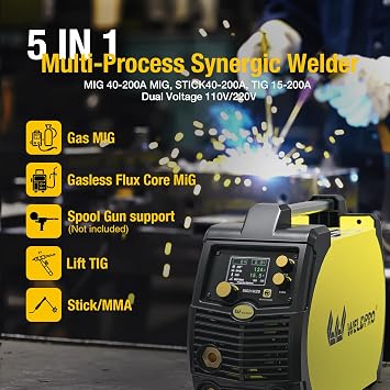 Weldpro 200A MIG Welder, 110V/220V Flux Core MIG Welder/MMA/TIG/Stick 5 in 1 Welding Machine with Spot Timer, IGBT Inverter Portable Gasless Welder Equipment, Aluminum Spool Gun Compatible