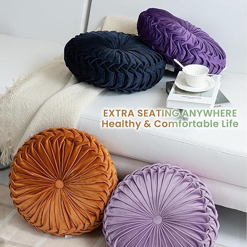 Miniatura 2 de Sioloc Almohada redonda de terciopelo para decoración del hogar, cojín plisado para sofá, silla, cama y automóvil (azul marino, 15.7 pulgadas)