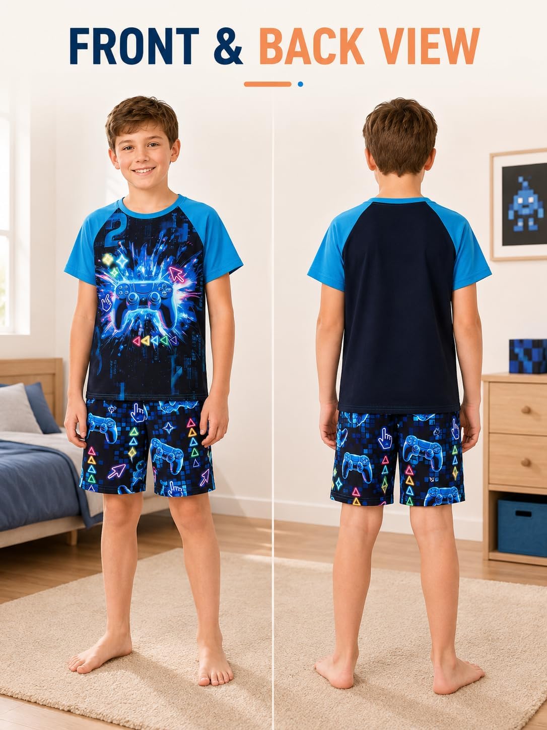 Beezizac Boys Summer Pajamas, Short-Sleeve 2-Piece Sleepwear, Sizes 6-18