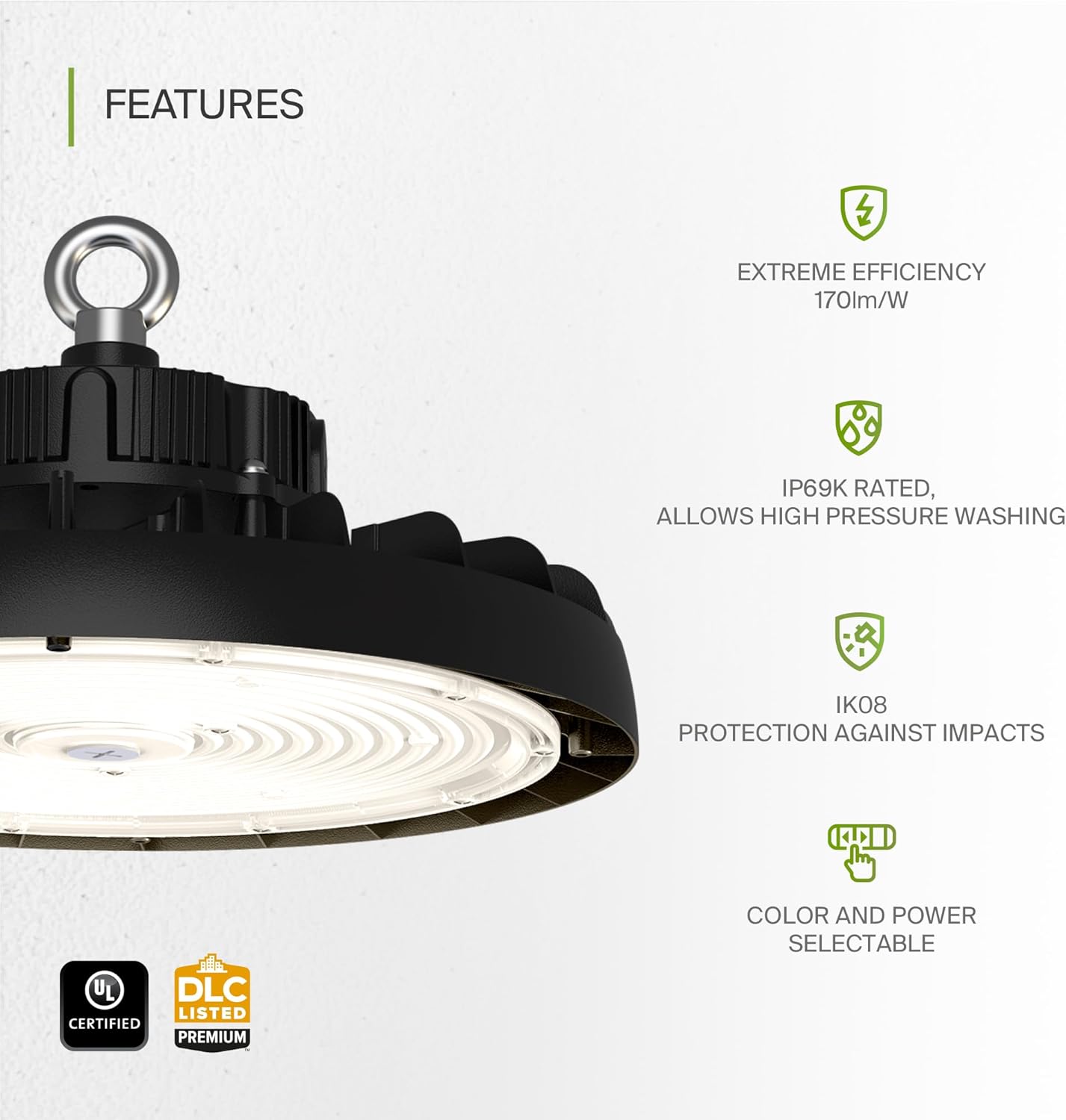 ASD 300W LED High Bay UFO Lighting, Commercial Shop Ceiling Light — 3CCT, Dimmable, IP69K Waterproof — 47700LM 3000-5000K 120-277V DLC Premium & UL Listed — for Warehouse, Garage, Workshop — Black