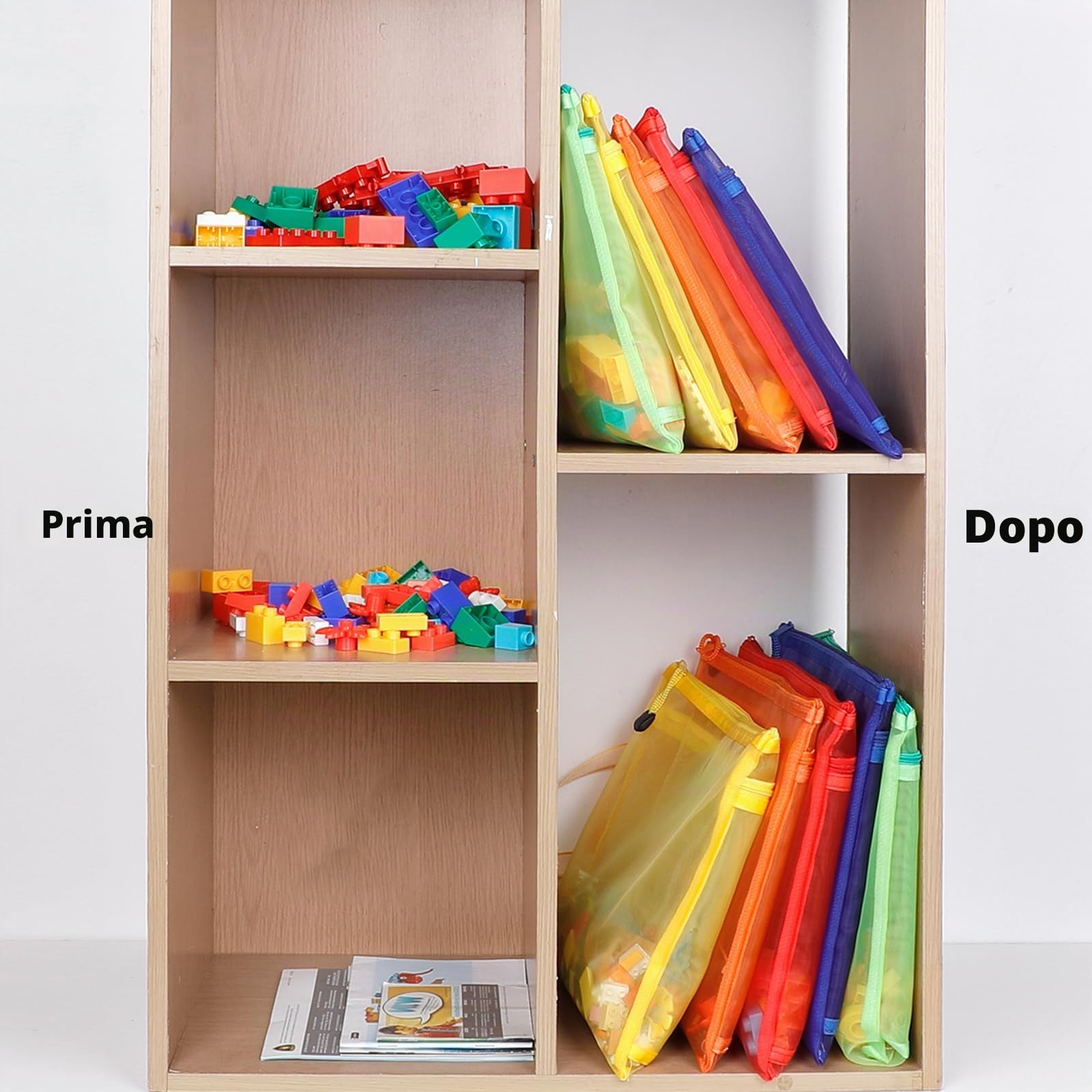Sacchetti a rete con cerniera in 5 colori, 10 pezzi, formato A4, a doppio strato, in nylon, per riporre e organizzare giocattoli, traspirante, trasparente, con cerniera, con tasca per maniglia, per