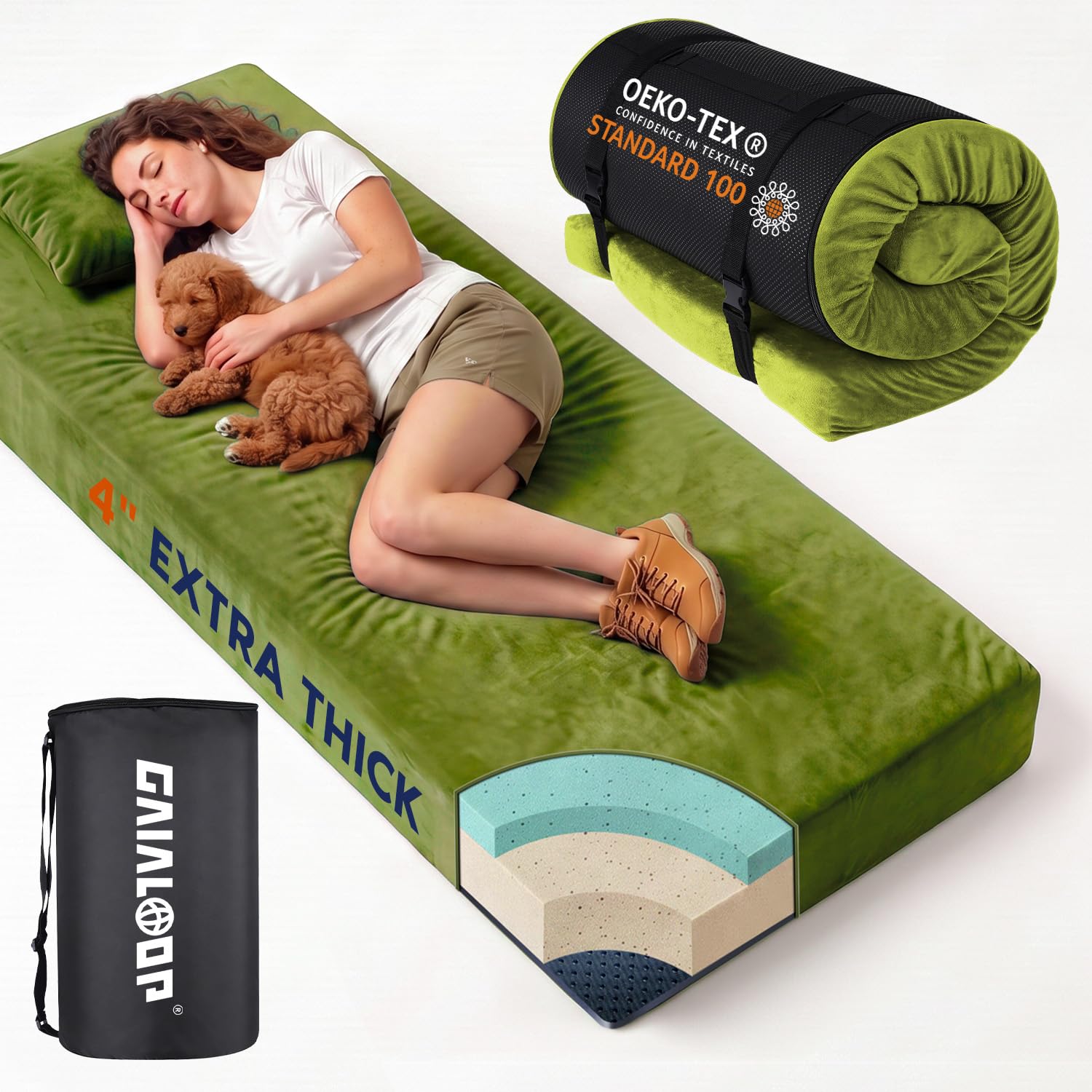 Memory Foam Camping Mattress, Extra Thick 4 Inch Dual Layer Sleeping Pad