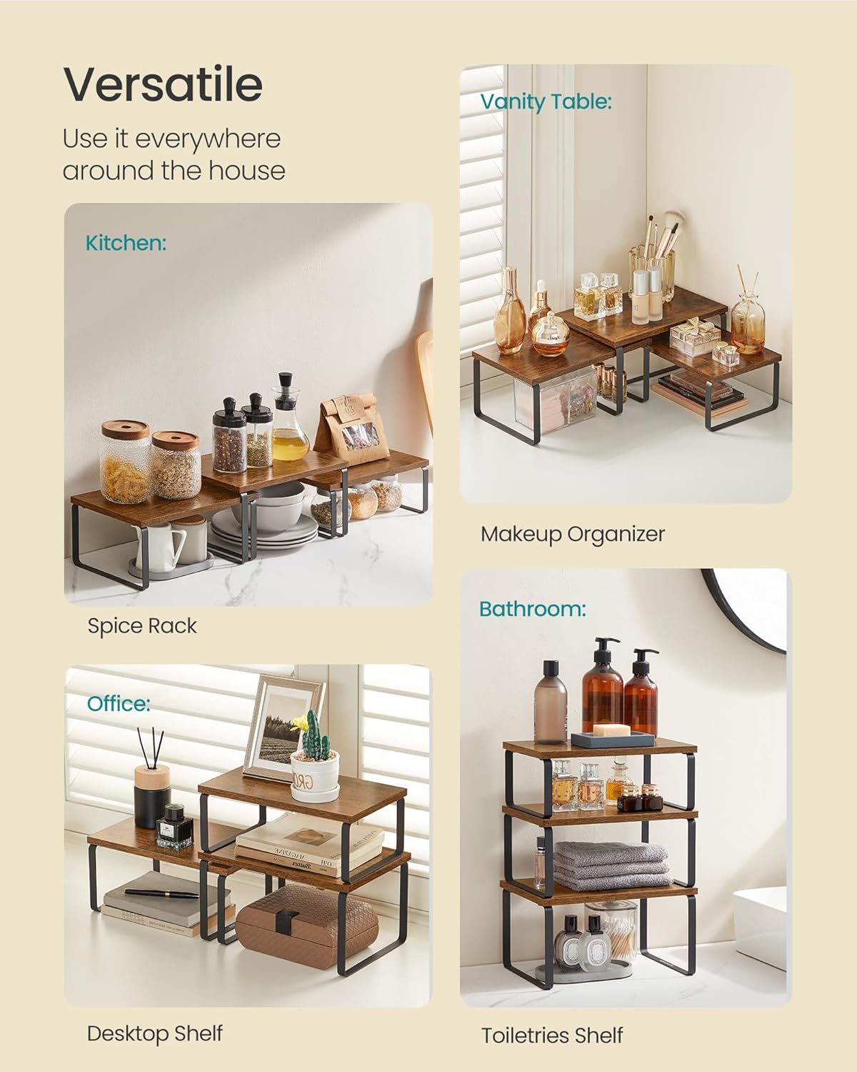 SONGMICS Cabinet Organizer Shelf, Set of 3 Kitchen Counter Shelves, Kitchen Storage, Spice Rack, Stackable, Expandable, Rustic Brown and Matte Black UKCS220K02 - Image 5