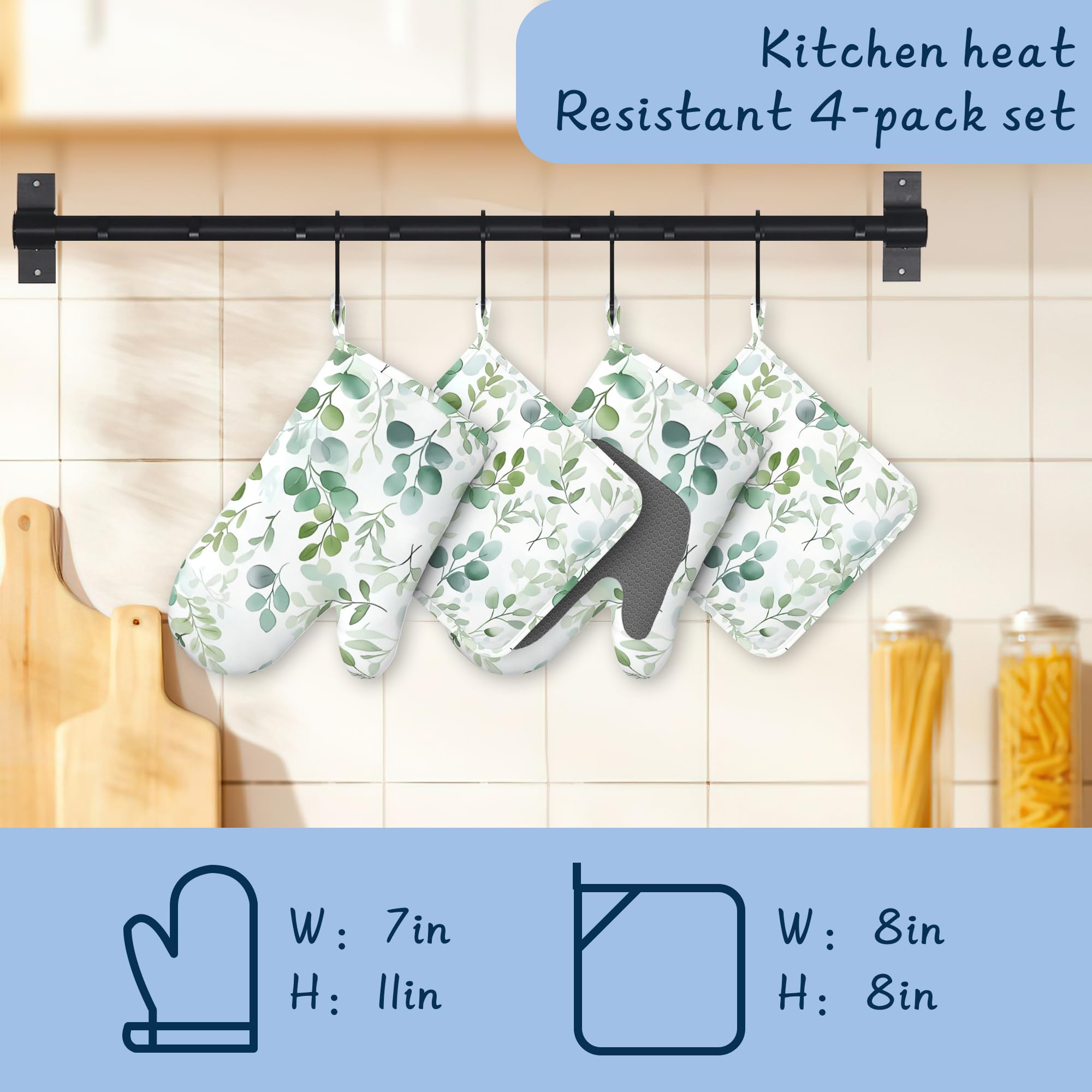 Juego de manoplas de horno y soportes para ollas, de hojas verdes de acuarela extralargas para cocinar, de algodón grueso, resistente al calor, utensilios de cocina para hornear, cocinar a la parrilla