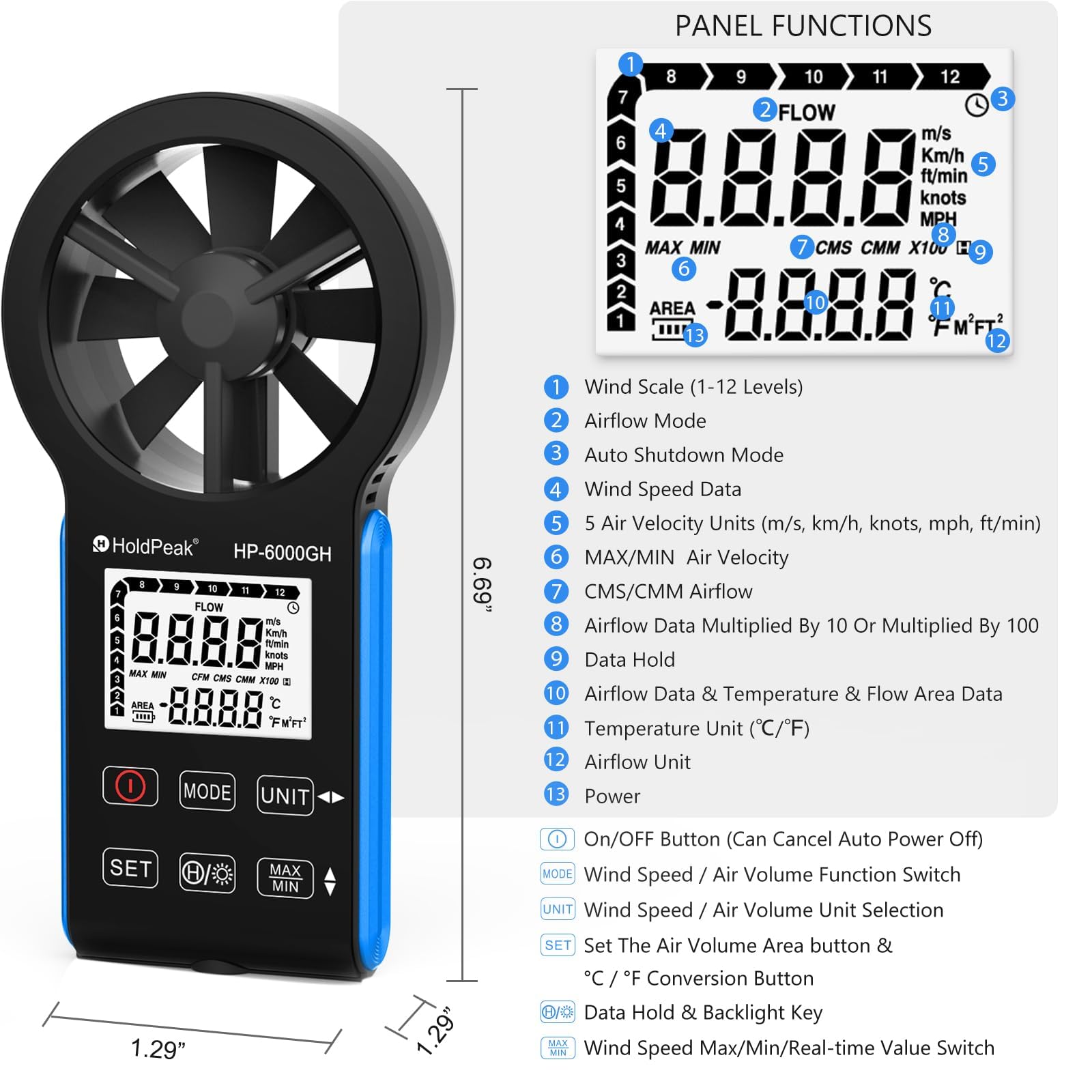 Anémomètre Numérique, Anémomètre Rechargeable, VMC Anémomètre Mesurer la Vitesse du Vent/Température écran LCD Rétroéclairé, Anémomètre Portatif pour Extérieur pour kitesurfing HVAC drone