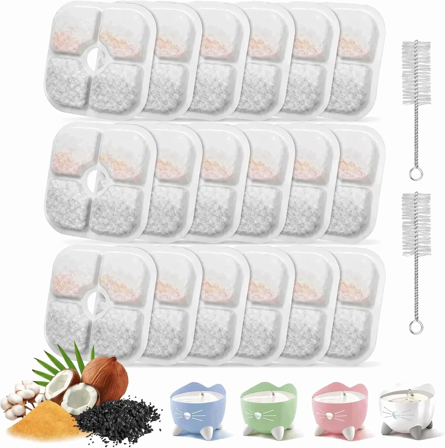 18 Pack Cat Water Fountain Filters Compatible with Catit PIXI, Triple Filtration with Activated Carbon & Ion Exchange Resin, Supports Urinary Tract Wellness, 2 Cleaning Brushes