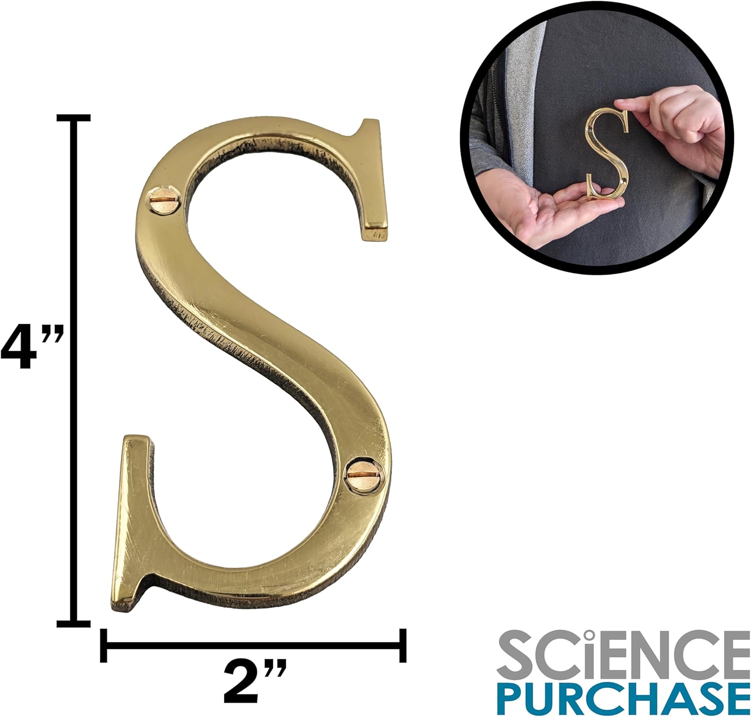 4-inch House Letter "S" with Mounting Screws, Polished Brass, Shiny Gold Color, Suitable for Mailbox, Home, Apartment, Hotel etc - SciencePurchase