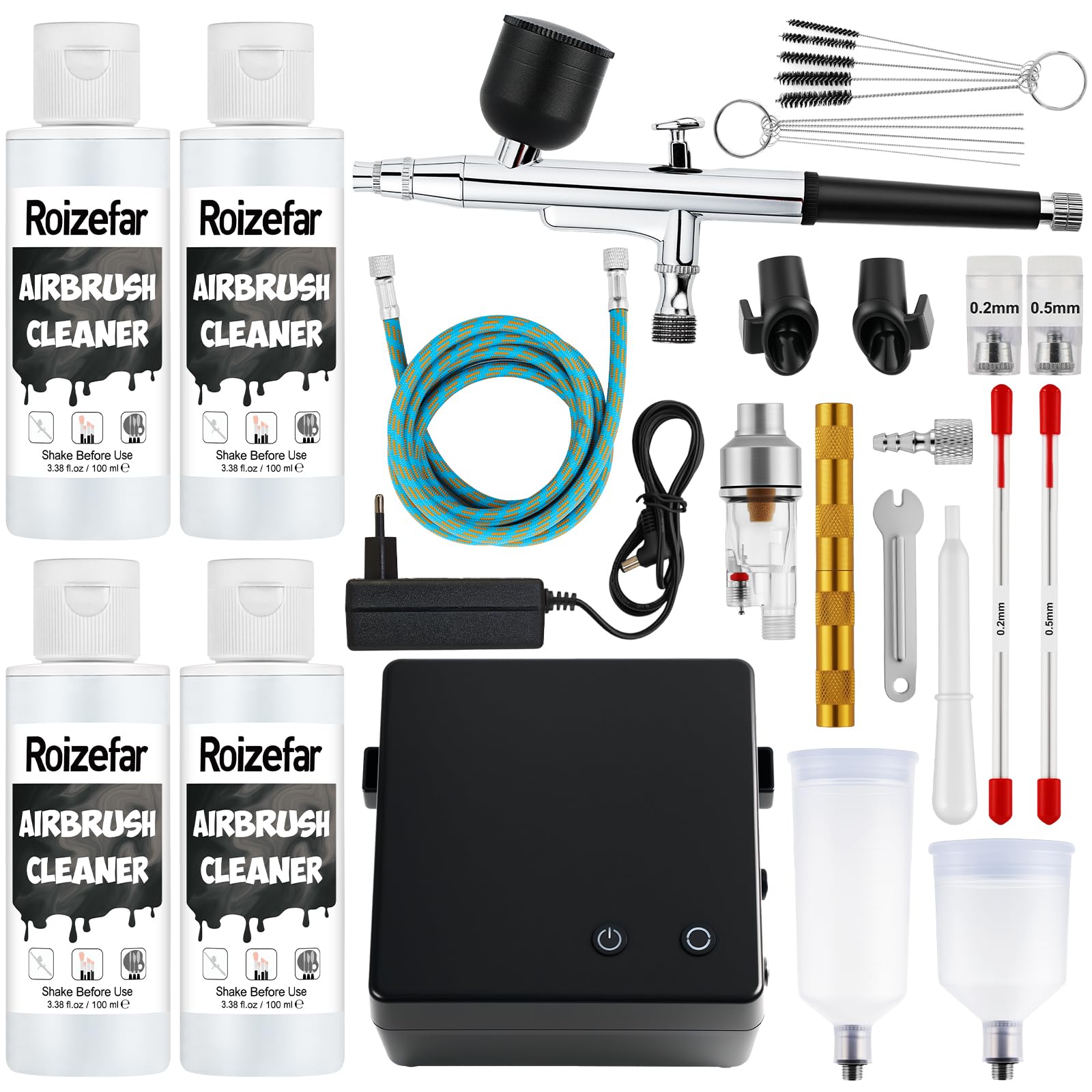 Roizefar Aerógrafo con Compresor 55 PSI, Kit de Aerógrafo con 4×100 ml Limpiador, Boquillas 0.2/0.3/0.5 mm y Cepillos de Limpieza, Set de Aerógrafo para Pintura, Modelismo, Nail Art y Maquillaje