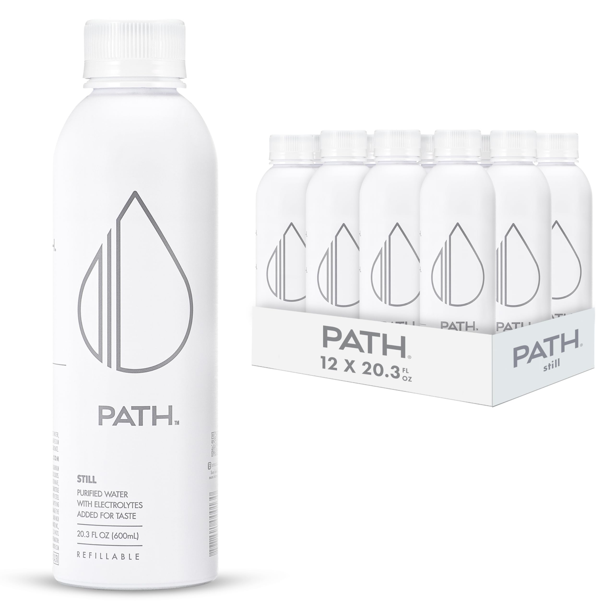 PATH Still Bottled Water - Ultra-Purified, pH-Balanced Purified Water in Aluminum Bottle - BPA-Free, Reusable, Infinitely Recyclable - Crisp, Refreshing Taste 20.3 fl oz (Pack of 12)