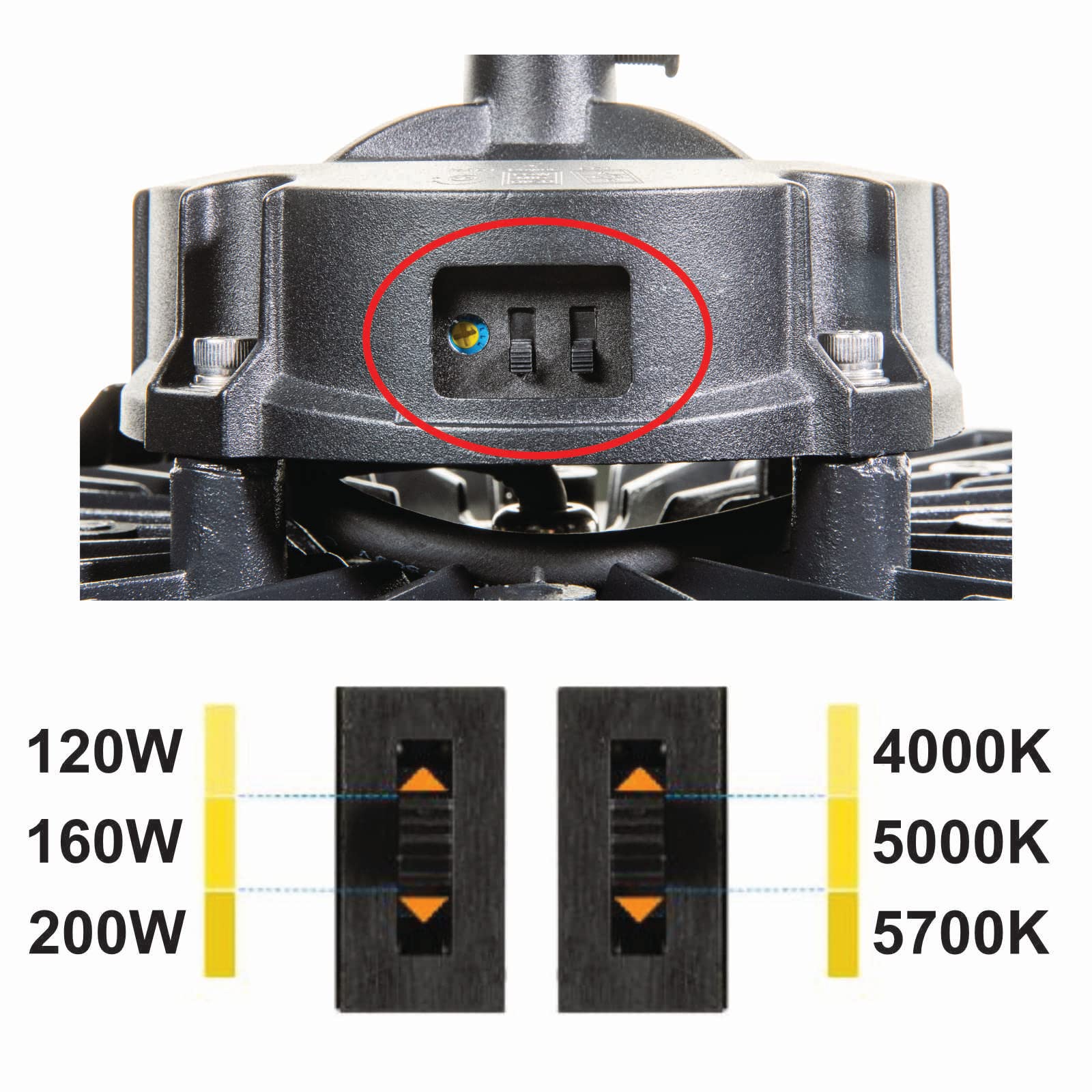 LED Hallenstrahler 200/160/120W HighBay, 174 lm/W 4000/5000/5700K | Leistung & Lichtfarbe einstellbar, Abstrahlwinkel 90°, blendarm, UFO Hallenleuchte, Industrielampe, 5-Jahre Garantie