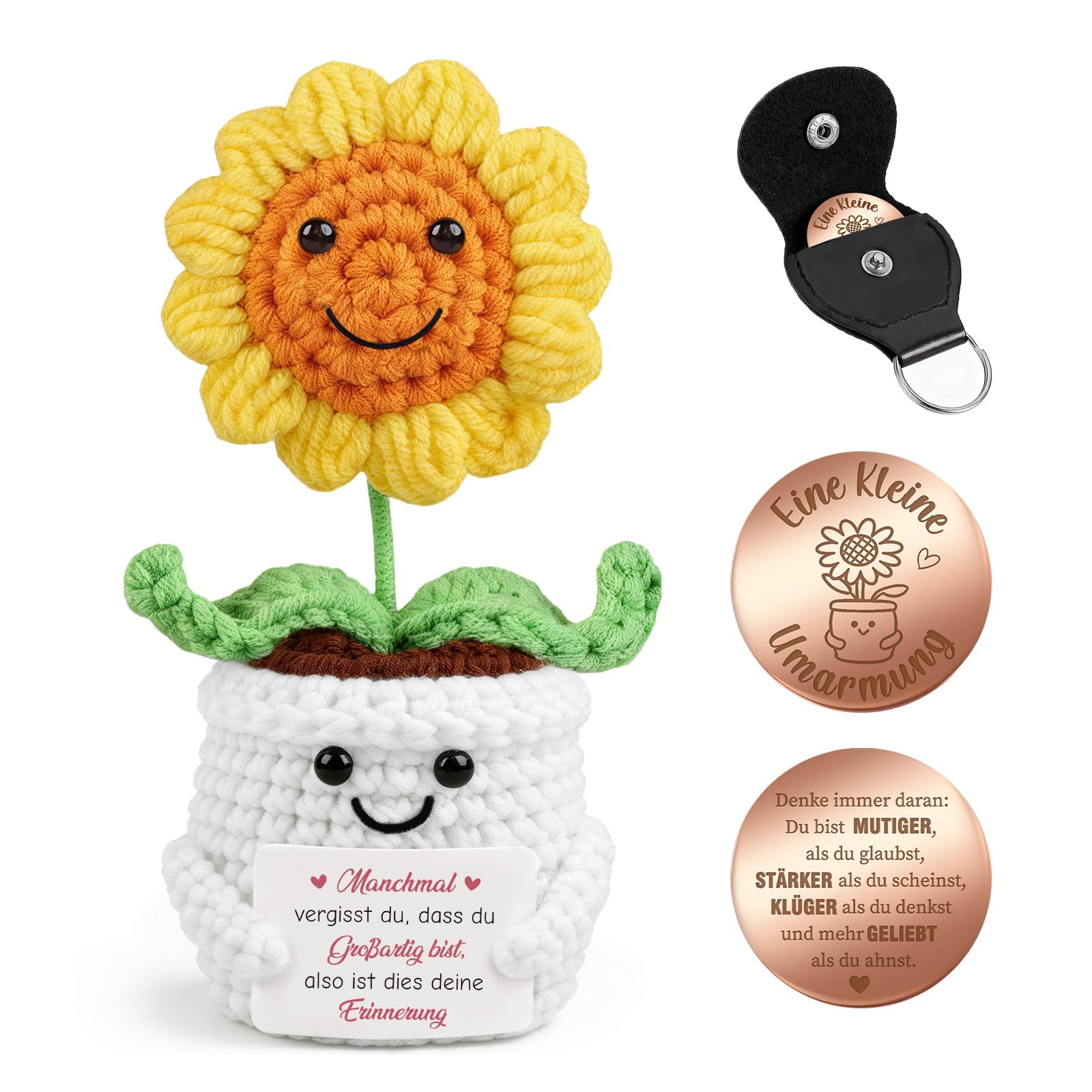 Giftota Geschenke für Frauen Freundin - Pocket Hug Sonnenblume mit Glücksmünze & Lederetui - Glücksbringer & Mutmacher - Schlüsselanhänger & Geburtstagsgeschenk für Mama, Kollegen, Männer, Kinder