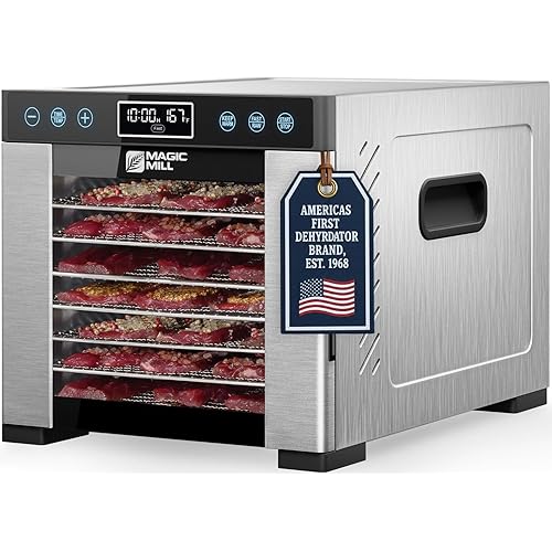 Magic Mill Pro Food Dehydrator Machine | 7 Stainless Steel Trays | Dryer for Jerky, Dog Treats, Herb, Meat, Beef, Fruit | Keep Warm Function, Digital Timer and Temperature Control, ETL Approved