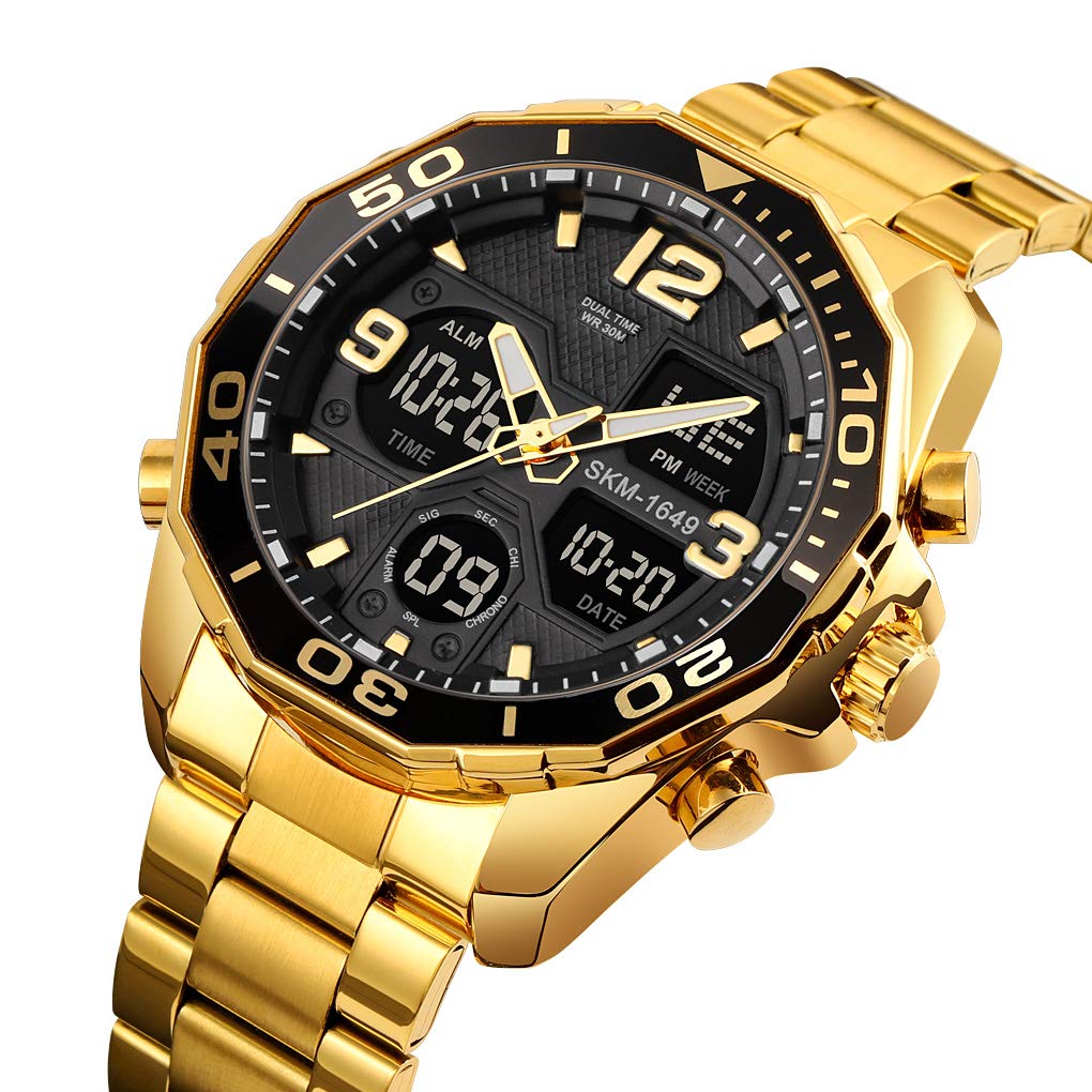 VIGOROSO Mens Watches Multi Times Military Gold Watch Chronograph Digital Analog Stainless Steel Wrist Watch for Men/Gents Waterproof
