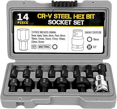 Hex Bit Socket Set, Complete 14 Pieces, Storage Case Included, Impact Hex Bit Socket Set, 1/2 inch Drive, Hex Wrench