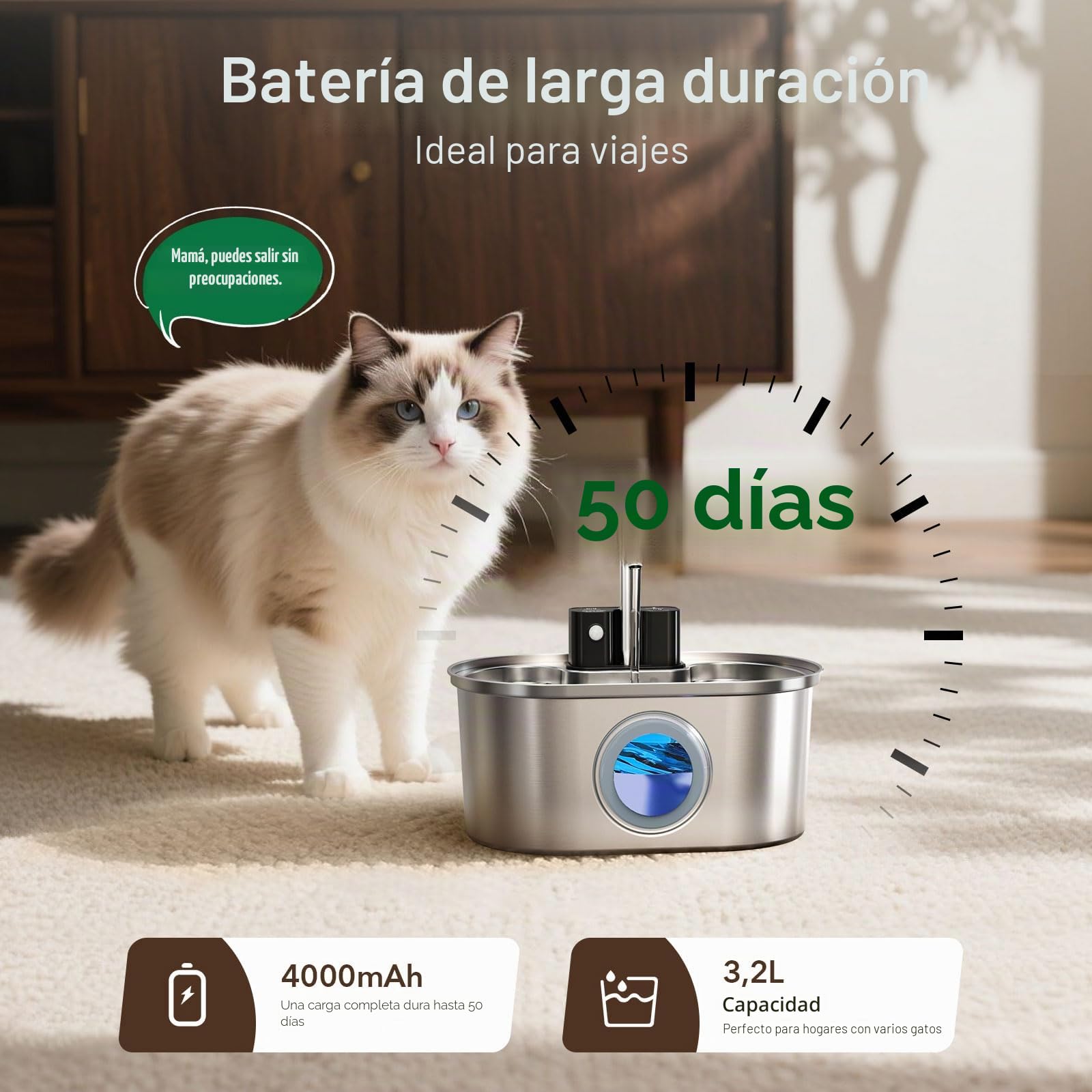 Fuente inalámbrica para Gatos de Acero Inoxidable: Fuente de Agua alimentada por batería para Interiores, dispensador automático de Agua con Sensor de Movimiento, Bomba Ultra silenciosa, filtración