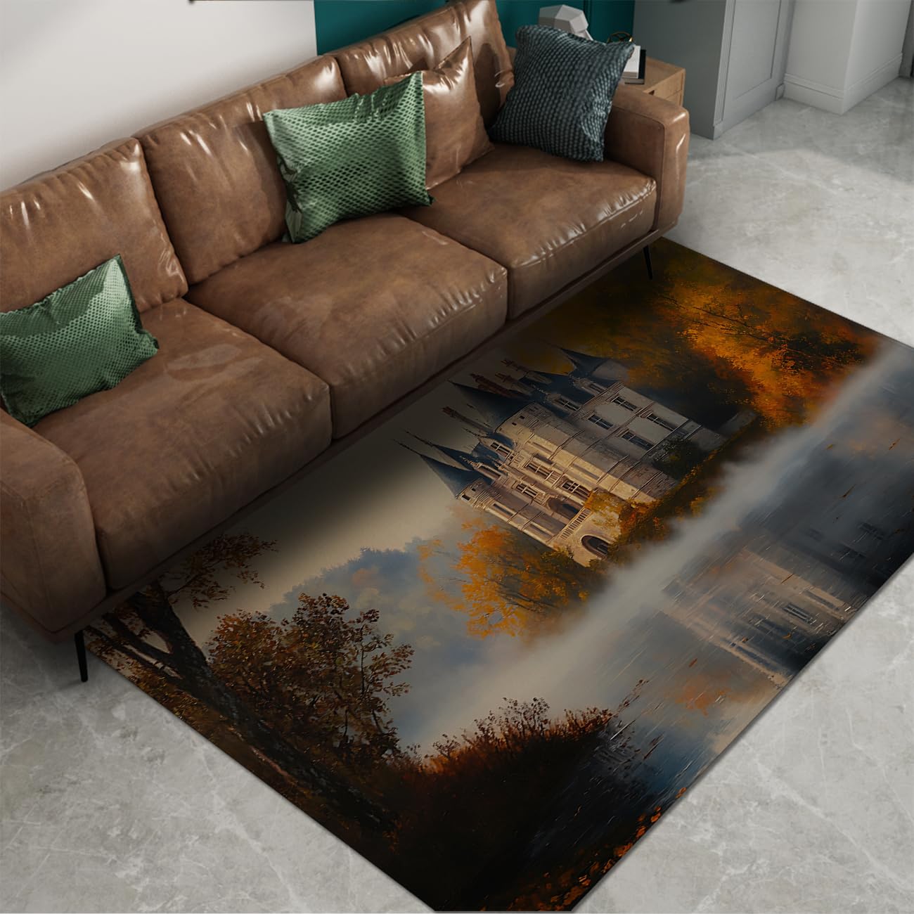 Tapis de sol lavable style européen motif château d'érable pour salon 120x200cm