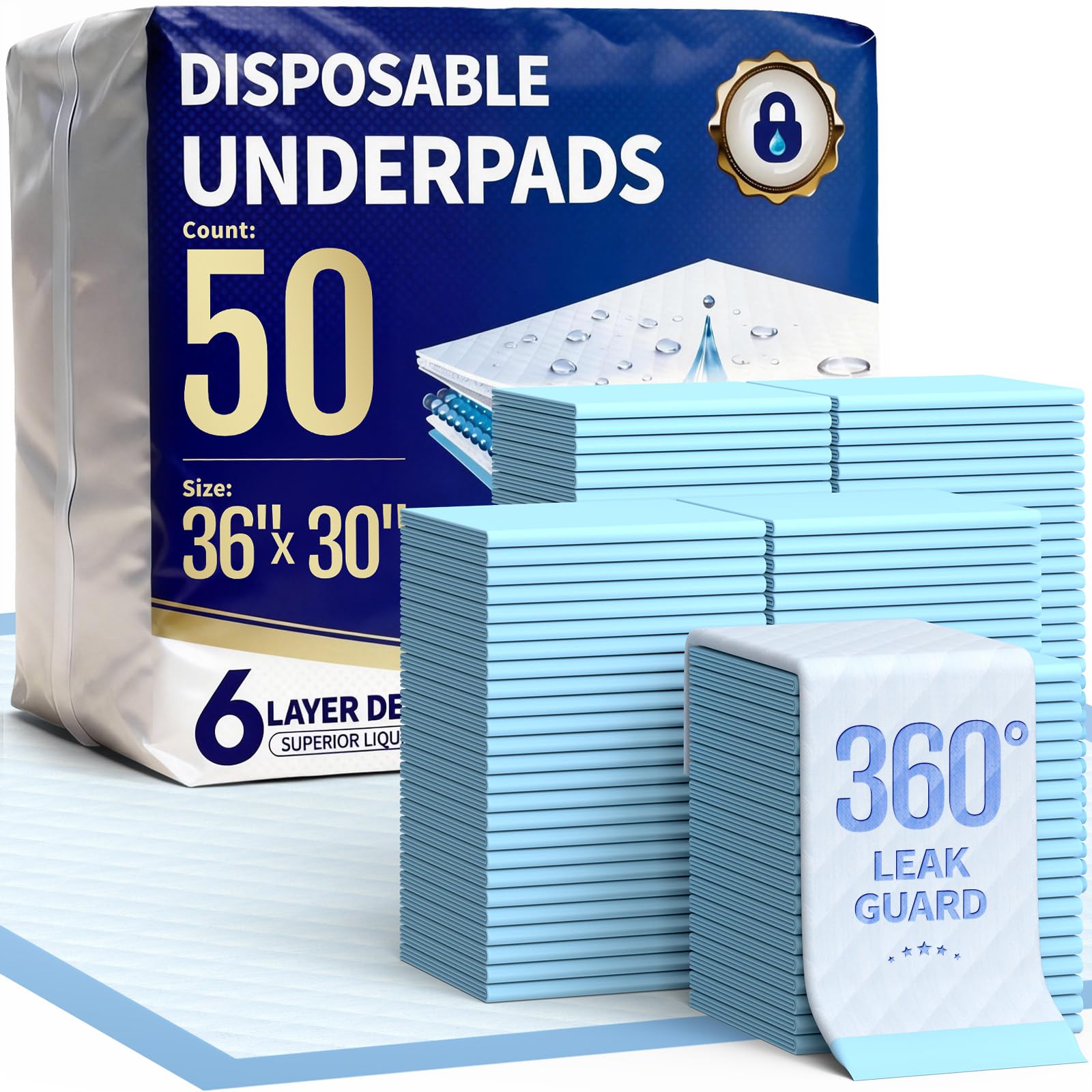 Powools Incontinence Bed Pads & Puppy Pads, 50 Count 36" x 30" Disposable Underpads, Super Absorbent 6-Layer Leak-Proof Dog Pee Pads, Quick-Dry Training Pads for Adults, Babies & Pets