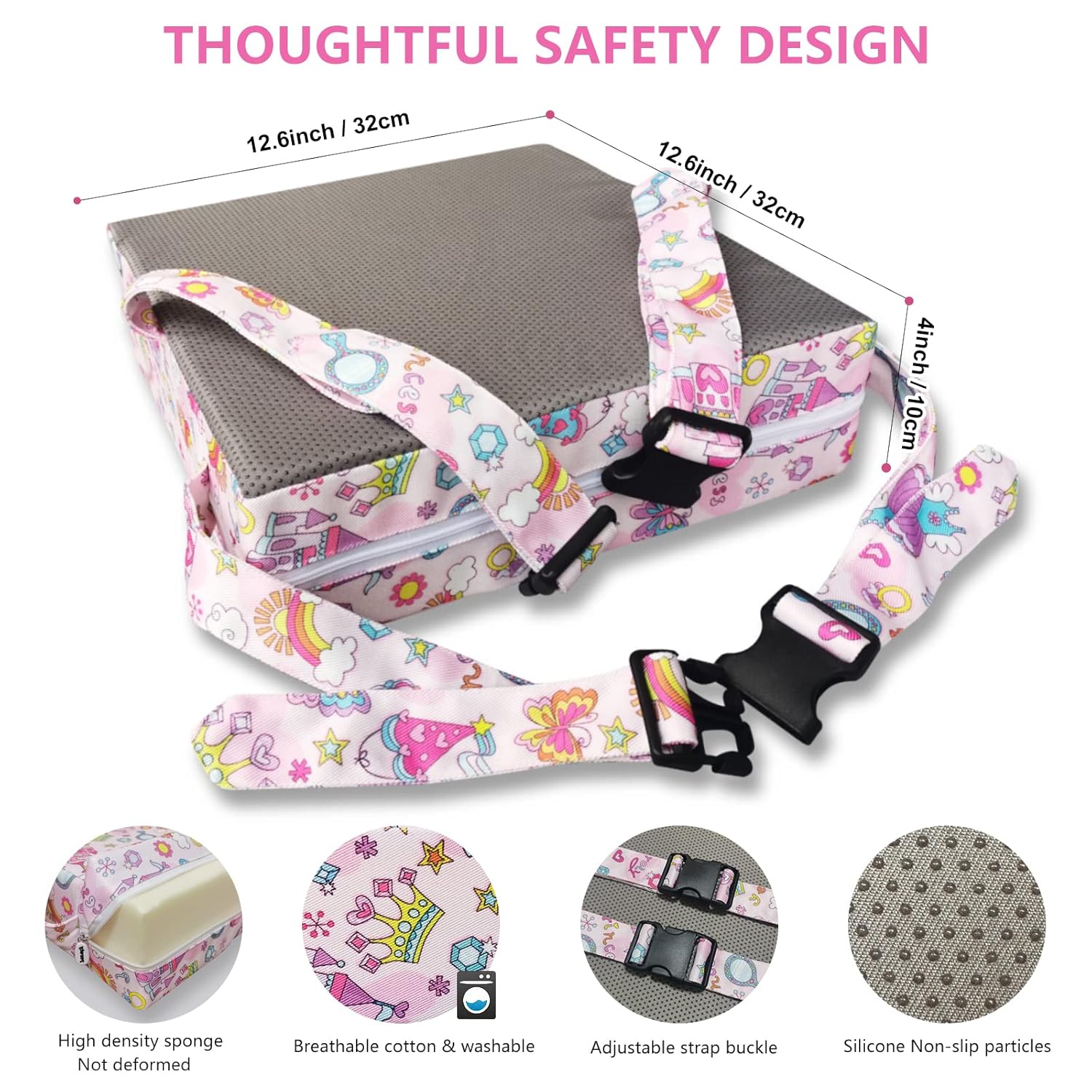 Toddler Booster Seat for Dining Table,4 Inches Washable Double Safer Straps Non-Slip Bottom Booster Seat for Kids, Portable Travel High Density Sponge Detachable Increasing Cushion for Child... Pink-Princess