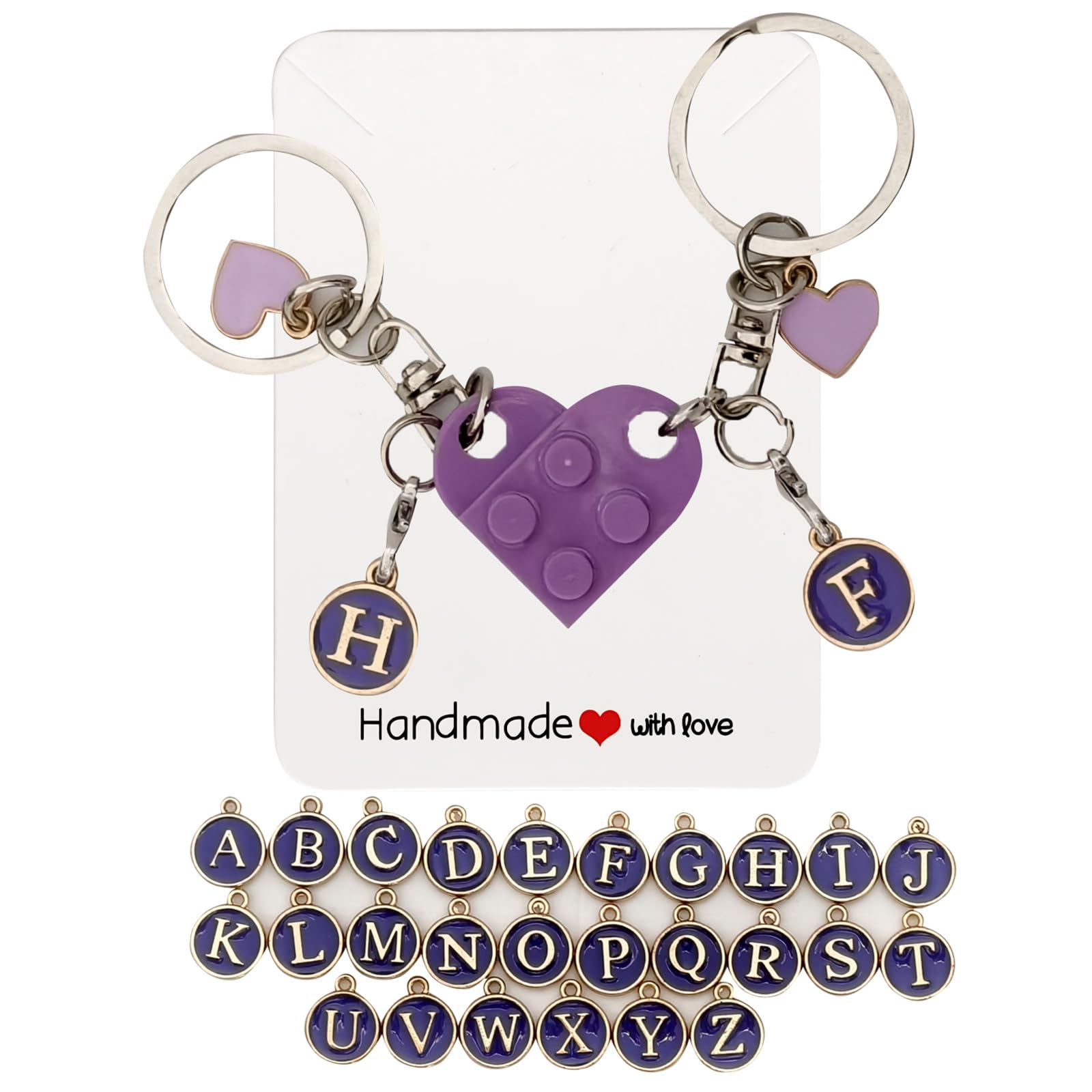 4Piggie Schlüsselanhänger Partner Herz, 2 Stück Personalisiertes Baustein-Set mit Extra-Anhänger & Full A-Z,Geschenk für Paare, Valentinstag und Freundschaft