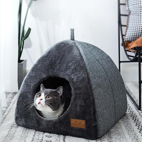 Cueva para gatos, cueva de cama para gatos de interior, con almohadilla de cojín extraíble de doble cara esponjosa, casa escondida para gatitos,