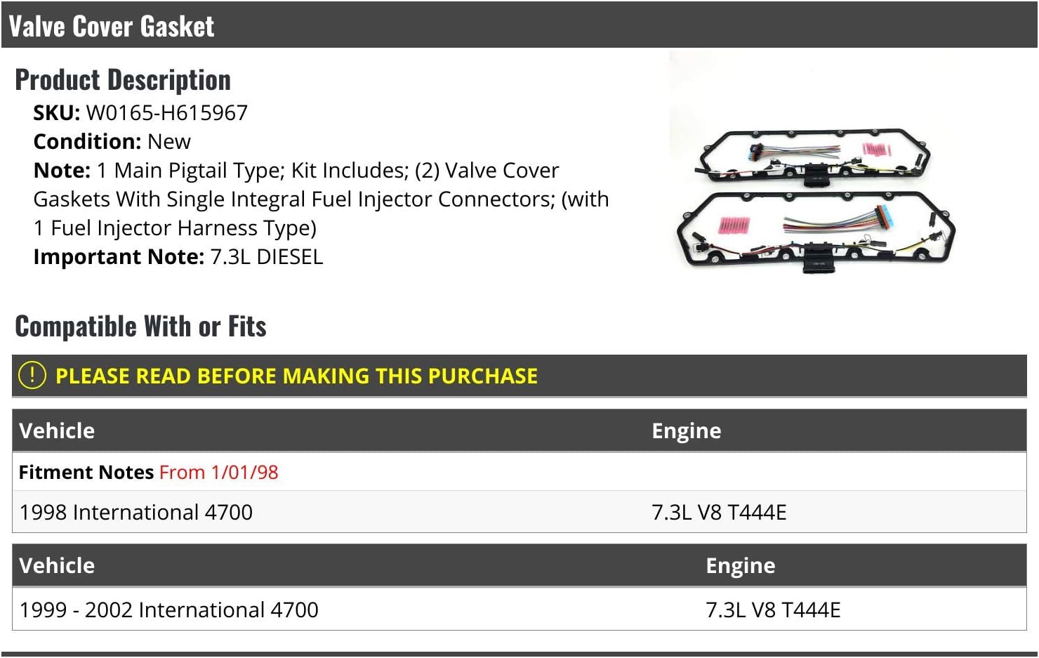 Marketplace Auto Parts Valve Cover Gasket Set - Compatible with 1998-2002 International 4700 7.3L V8 T444E Diesel (from 1/1/1998)