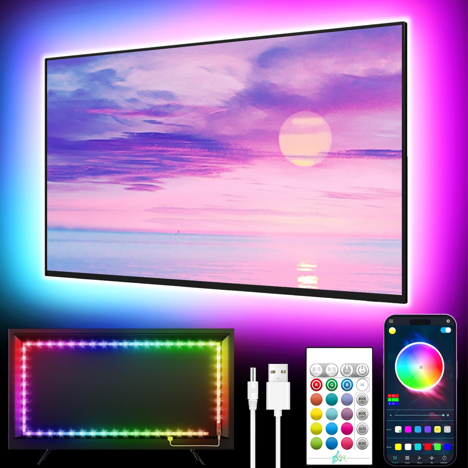 GIPOYENT TV Light Strip, Music Sync LED TV Backlight, for 45-75 Inch TV, LED TV Light with Bluetooth Function - RGB Color Changing Light Strip for Home Theater (16.4ft)