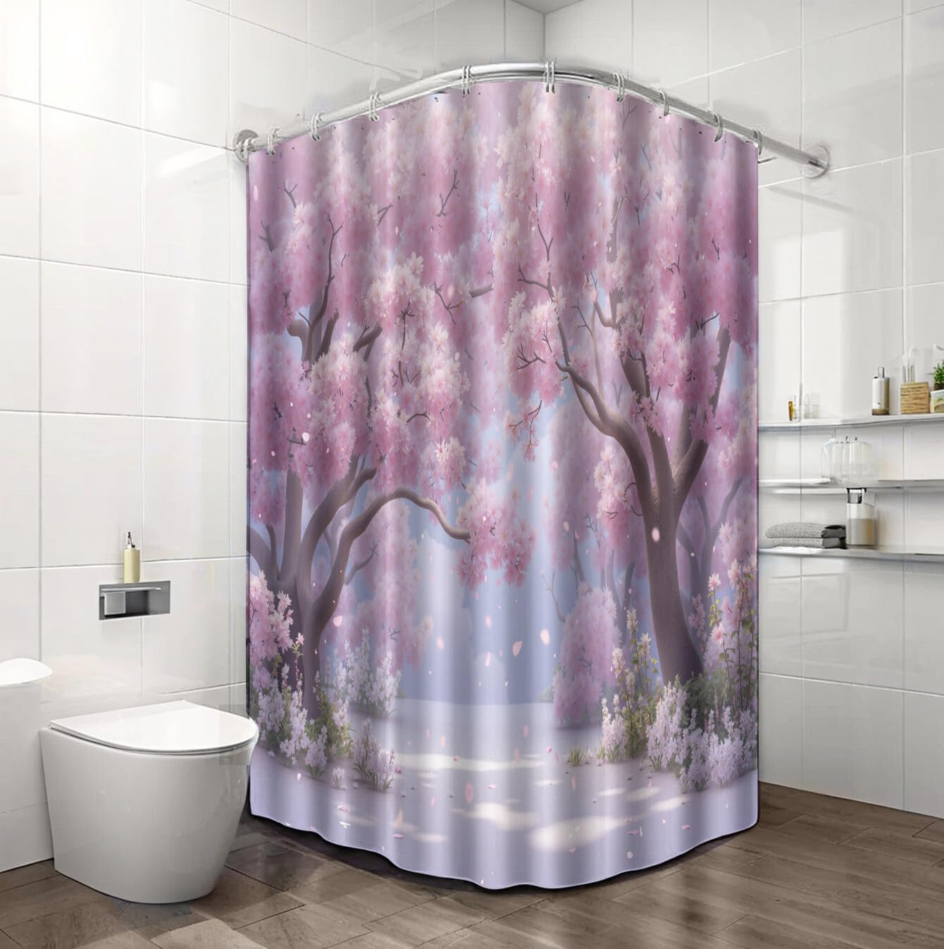 Rideau Douche,Rideau Baignoire Lavable en Machine Rideaux Douche Tissus Lavable Rideau De Baignoire Lavable pour Salle De Bain Domicile Baignoire Famille,Forêt De Cerisiers en Fleurs,