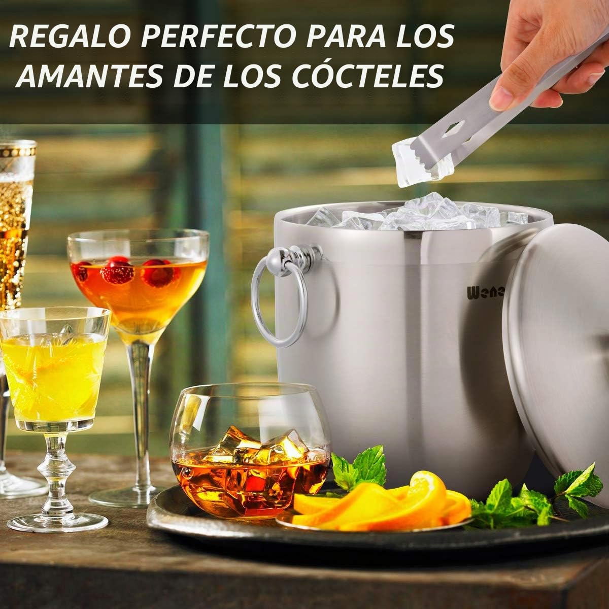 Cubo de Hielo Aislado de Acero Inoxidable de 3 litros con Tapa, Cuchara, Pinzas y colador, Mantiene el Hielo congelado para cócteles y Fiestas