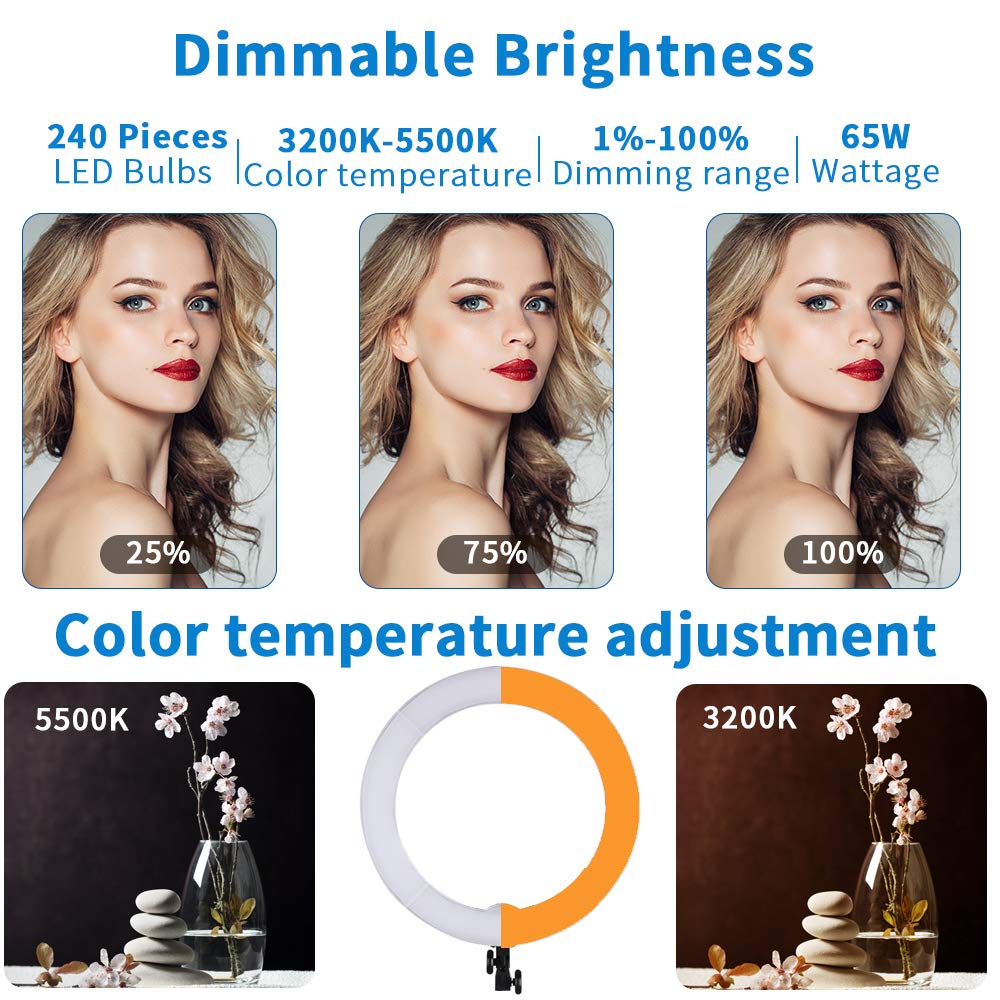 18 Zoll 65W LED Make-up Ringlicht mit Spiegel für Augenbrauen-Täto, Wimpernverlängerung, Beauty und Studio-Videofotografie, Licht mit Stativ, Handyhalter, Spiegel und Tragtasche