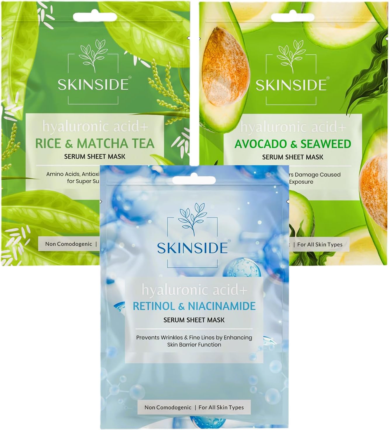 Serum Sheet Mask for Glowing Skin with Hyaluronic Acid | Face Mask Sheets Combo for | Hydrating | Tan & Blackheads Removal | Instant Brightening | Pore Reduction | Fairness | Skin Tightening (3, Rice & Matcha Tea | Avocado & Sea Weed | Retinol & Niacinamide)
