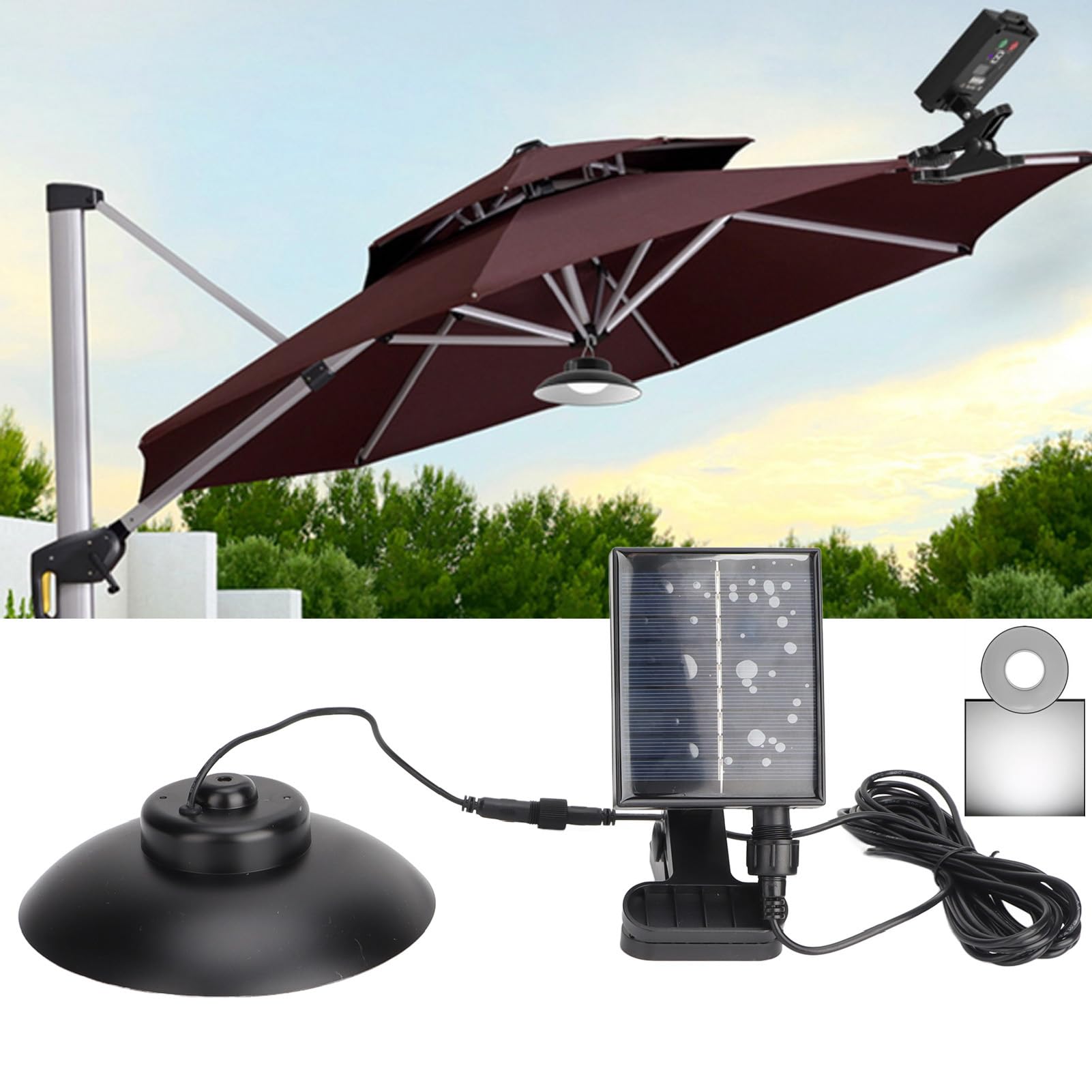 Luces de Paraguas Solares Al Aire Libre e Inalámbricas Luces de Cuerda de Parasol con Clip para Paraguas Luz de IP65 Función Resistente Al Agua Brillo Ajustable Patio LED LEDES
